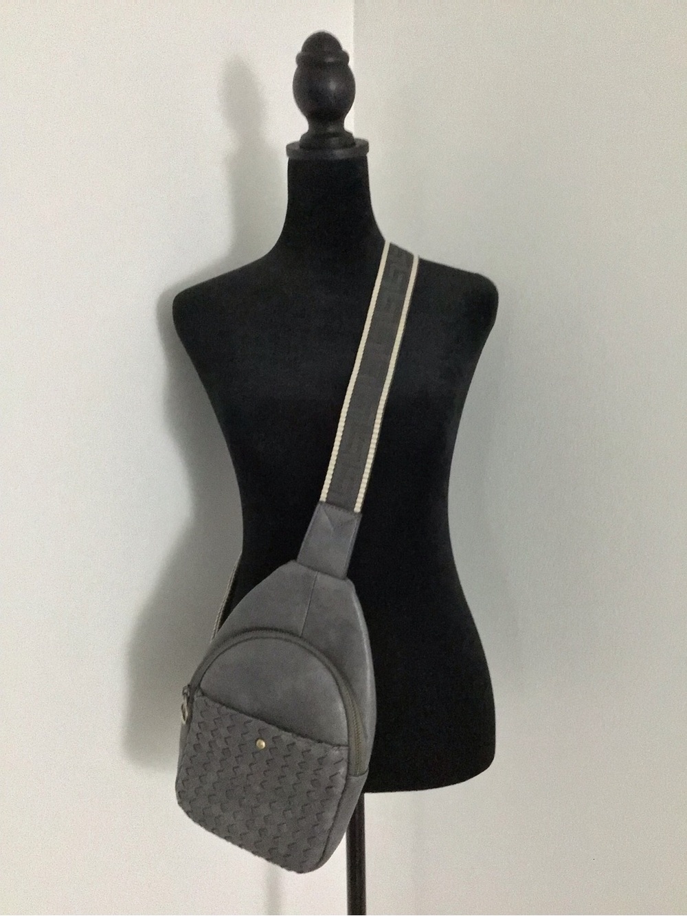 Gray Woven Faux Leather Crossbody Sling Bag